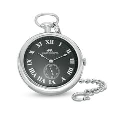 From James Michael, this men's pocket watch features a black dial with silver-toned accents in a 49.0mm silver-toned alloy caseand comes in a black leather pouch. The traditional hand-wind movement ensures accurate timekeeping. The 13.0-inch curb chain secures with a spring-ring clasp. This pocket watch includes a one-year limited manufacturer's warranty. Wind Movement, Black Pouch, Round Watch, Ring Watch, Leather Pouch, Curb Chain, Black Watch, Watch Case, Watch Brands