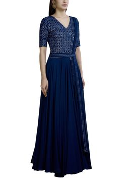 Midnight blue anarkali with placement thread work. Comes with attached dupatta and belt.
Components: 1
Fabric: Georgette Shantoon
Neckline: V-shaped neckline
Sleeve Length: Half
Color: Blue
Thread and mirror embroidery 
Closure: Side zip - Aza Fashions Blue Floor-length Traditional Wear For Reception, Fitted Embroidered Blue Anarkali Set, Designer Blue Saree-shaped Gown, Semi-stitched Anarkali Gown In Blue, Designer Blue Saree Gown, Blue Anarkali Semi-stitched Gown, Anarkali Semi-stitched Blue Gown, Fitted Blue Anarkali Set With Resham Embroidery, Blue Chikankari Embroidered Dress With Traditional Drape