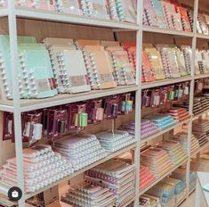 the shelves are filled with many different types of notebooks and stationery items for sale