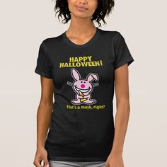 a woman wearing a black t - shirt with an image of a rabbit on it