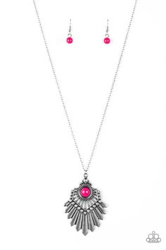 Infused with a lengthened silver chain, a polished pink bead is pressed into the center of a flared silver pendant for a bold tribal flair. Features an adjustable clasp closure. Sold as one individual necklace. Includes one pair of matching earrings. Prom Ideas, Length Necklace, Independent Consultant, Rose Quartz Stone, Classy Jewelry, Pink Necklace, Paparazzi Accessories, Blue Gems, Pink Beads