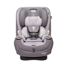 the child's car seat is grey and has two cup holders on each side