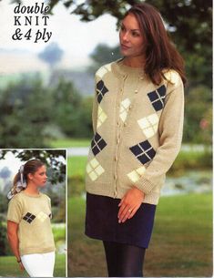 a woman wearing a sweater and skirt in knitting pattern