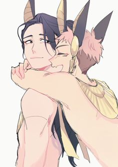 an anime character hugging another character with horns on their head and hands around his neck