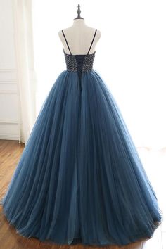 Prom Dresses Fluffy, Feyre Aesthetic, Dresses Fluffy, Blue Tulle Prom Dress, Prom Dresses Elegant, A Line Evening Dress, Spaghetti Strap Prom Dress, Tulle Evening Dress, Floor Length Prom Dresses