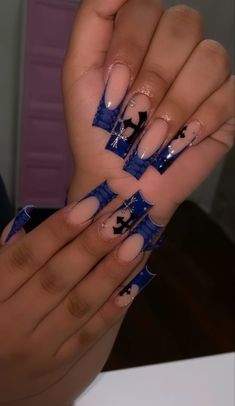 By @cinxnailz Blue Y2k Acrylic Nails, Nail Inspiration Dark Blue, Back To School Nails Long, Blue Birthday Nails Acrylic, Baddie Blue Nails, Y2k Blue Nails, Blue Baddie Nails, Dark Blue Nails Ideas, Blue Y2k Nails