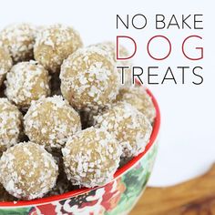 no bake dog treats in a bowl with the words, no bake dog treats