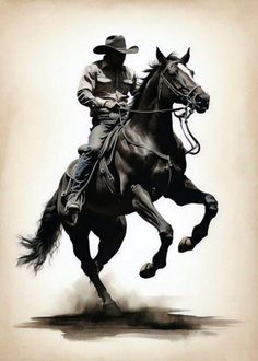 a man riding on the back of a brown horse next to a white wall and wearing a cowboy hat