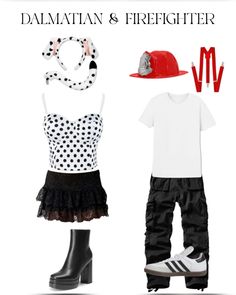 two different outfits are shown with hats and boots on the same outfit, one is black and white