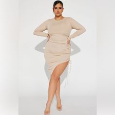 Questions? Leave A Comment Below! Taupe Fashion, Famous Dress, Dress High Neck, Ribbed Midi Dress, High Neck Long Sleeve, Almost Famous, Asymmetrical Hem, Asymmetric Hem, Fashion Nova