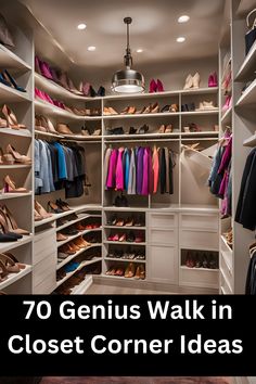 a walk in closet with lots of shoes and clothes on the shelves next to it