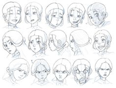 a bunch of sketches of people with different facial expressions and hair styles, all in various poses