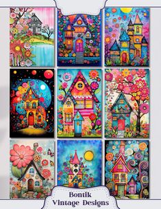 a collage of colorful houses with flowers and trees on them, all painted in different colors