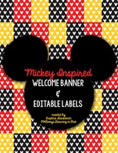 mickey mouse welcome banner with red, yellow and black checkered pattern on the front