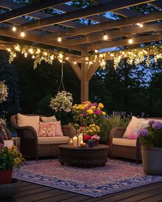 an outdoor living area with wicker furniture and string lights on the pergolated roof