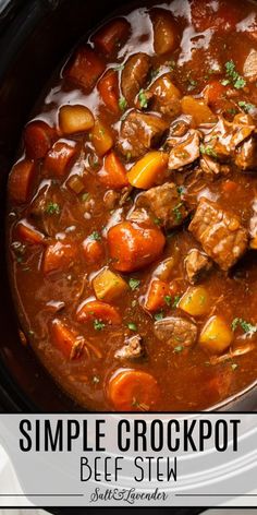 crockpot beef stew with carrots and potatoes in a slow cooker for dinner