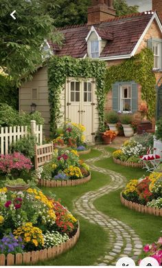 an image of a garden with flowers in the front yard and pathway leading to a house