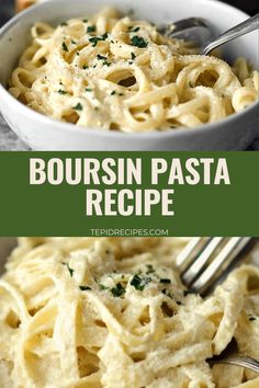 this is an image of a bowl of pasta with parsley on top and the words bourssin pasta recipe above it