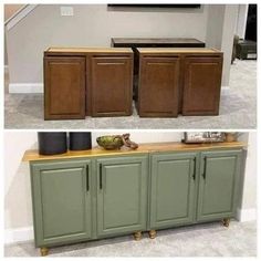 two pictures side by side showing the same cabinet doors and bottom one with an open door