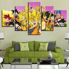 a living room filled with furniture and lots of dragon ball wall art on the wall