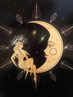 a woman sitting on top of a crescent next to a man in the moon with stars