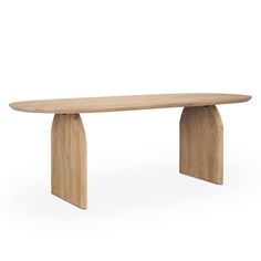 an oval wooden table with two legs and a curved design on the top, against a white background