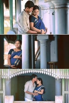 an image of a man and woman kissing on the foreheads in front of columns