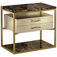 a marble topped end table with two drawers