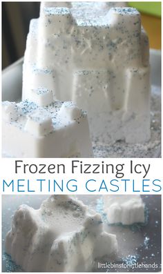 frozen fizzing icy melting castles on a plate with text overlay that reads frozen fizziing icy melting castles