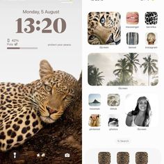 an image of a phone screen with the date and time on it, including images of leopards