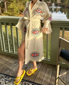 Beautiful Handmade Evil Eye Kimono, Robe,Kaftan, Coverup, HouseCoat. It's made from 100% cotton. It feels and looks super chick. Let the evil eye protect you! Spring Cotton Kimono For Beach Cover-up, Cotton V-neck Cover-up For Day Out, V-neck Cotton Cover-up For Day Out, Printed Cotton V-neck Kimono, Multicolor Cotton Cover-up For Summer, Multicolor Cotton Summer Cover-up, Summer Cotton Robe For Daywear, Spring Multicolor Cotton Cover-up, Spring Cotton Printed Kimono