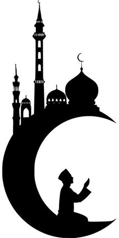 the silhouette of a person sitting on top of a crescent with a mosque in the background