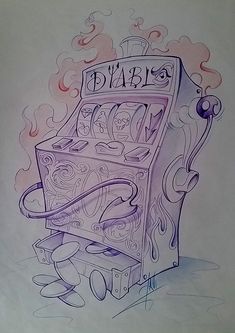 a drawing of an old fashioned slot machine with flames coming out of it's sides