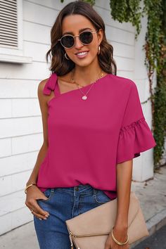 Tie Strap Ruffle Short Sleeve Solid Top - Fuschia Ballet Clothes, Ruffles Fashion, Trendy Fashion Tops, Flutter Sleeve Top, Matching Dresses, Chiffon Top, Primavera Estate, Fashion Tops, Swimwear Tops