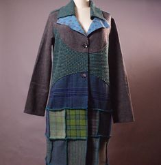 OOAK Wool Long Coat Unique Patchwork Coat Women's Unique Coat Fitted Patchwork Long Coat, Fitted Long Patchwork Coat, Upcycled Blue Outerwear For Fall, Blue Upcycled Outerwear For Fall, Coat Ideas, Upcycled Jackets, Wool Long Coat, Upcycle Clothing, Patchwork Coat