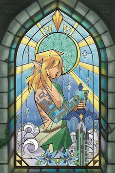 a stained glass window with a woman holding a guitar in front of it and an image of the legend of zelda