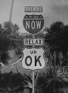 black and white photograph of street signs with trees in the backgrouund area