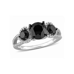 three stone black diamond ring in white gold