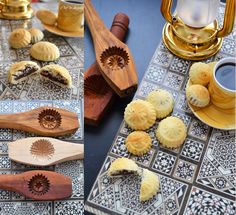 several pictures of different types of wooden spoons and other items on a table top