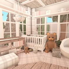 a teddy bear sitting in the corner of a room next to a baby crib