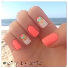 Mint Green And Coral Nails, Gel Manicure Ideas For Short Nails Summer, Summertime Nail Ideas, Chevron Nail Designs, Coral Nail, Neon Summer, Nails Colorful, French Pedicure, Nails 2017