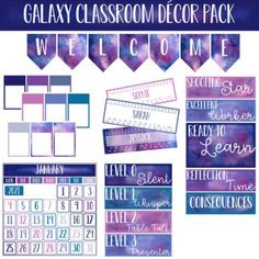 the galaxy classroom decor pack includes calendars, labels and stickers for each class