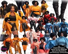 an image of women in black and orange outfits, all wearing different colored clothings