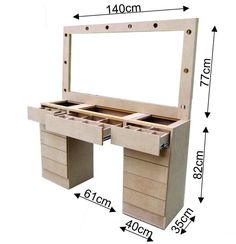 a wooden vanity with two drawers and an open drawer on the bottom, showing measurements