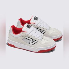 Vans Upland *Nwt* Color: White/ Red Size: 10.5 Men's/ 12.0 Women's Sku: Vn000d1hyf9 Unisex Red Vans Skate Shoes For Sports, White Skate Shoes With Red Sole For Skateboarding, White Sneakers With Red Sole For Skateboarding, Vans White Skate Shoes With Round Toe, Red Vans Skate Shoes, Red Vans Skate Shoes With Red Sole, Red Vans, Vans Red, Shoes Vans