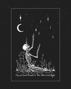 a skeleton sitting on top of a grass covered field next to a star filled sky