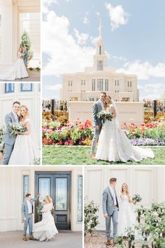 the bride and groom are posing for pictures in front of the mormon temple at their wedding