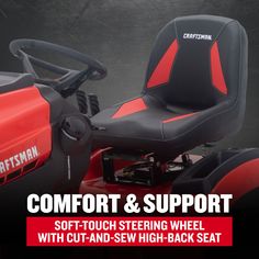 a red and black motorcycle with the words comfort & support