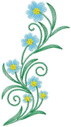 blue and yellow flowers with green stems on white background, embroidery design for clothing or applique