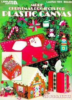 an advertisement for plastic canvass with christmas decorations and presents on the table in front of a tree